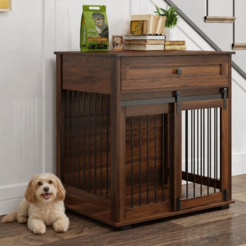 Dog Crate Furniture with Sliding Barn Door & Storage Drawer, End Table, view 8