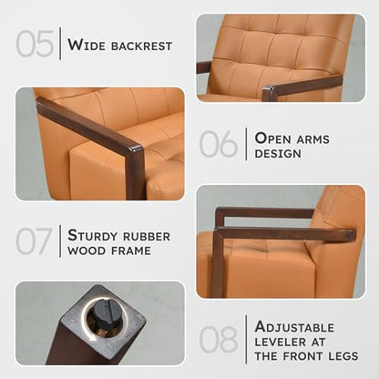 Modern Accent Chair, Luxury Genuine Leather Match Living Room Chair with Tufted Cushions, Solid Wood Frame and Arm Rest, Comfy Upholstered Single Seat for Bedroom/Reading/Office, Orange