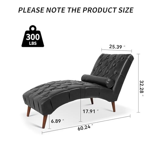 PU Leather Chaise Lounge Chair Indoor, Armless, Black, view 3