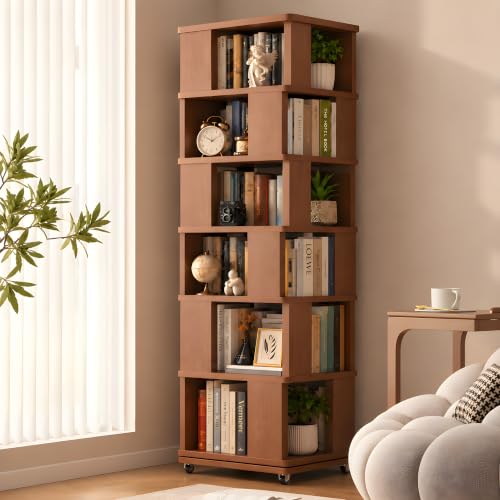 79.2-Inch 6 Tier Solid Wood Rotating Bookshelf Tower on Wheels, view 2