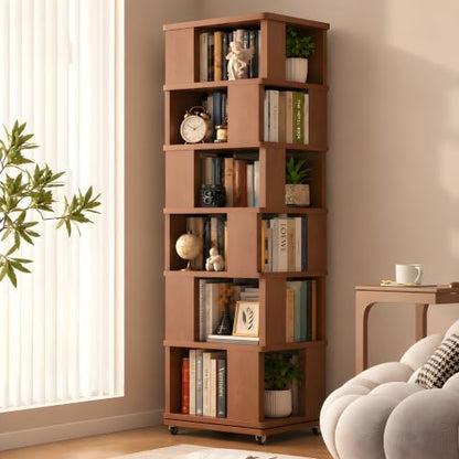 79.2-Inch 6 Tier Solid Wood Rotating Bookshelf Tower on Wheels, view 2
