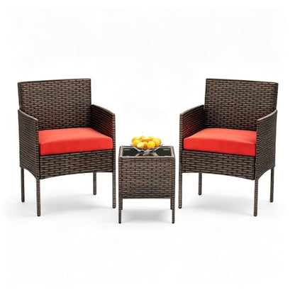 3 Pieces Patio Furniture Set, Outdoor Conversation Sets, Wicker Rattan Chairs for Garden Backyard Balcony Porch Poolside, Set with Glass Table and Soft Cushions (Brown+Red)