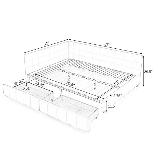Queen Size Upholstered Daybed with Storage Drawer, Upholstered Tufted Bed Frame, Modern Sofa Bed Frame with Comfortable Backrest and Armrests, for Bedroom, Living Room, Velvet, Grey