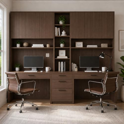 Large Two Person Desk with Bookshelf, Double Desk, Hutch and 5 Drawers, view 2