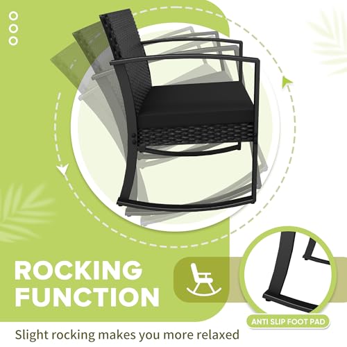 Patio Furniture Set 3 Piece Resin Outdoor Bistro Set Rocking Patio Chairs with Cushions and Table for Porch, Poolside, Balcony and Yard (Black)