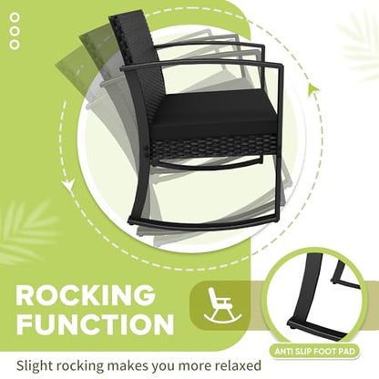 Patio Furniture Set 3 Piece Resin Outdoor Bistro Set Rocking Patio Chairs with Cushions and Table for Porch, Poolside, Balcony and Yard (Black)