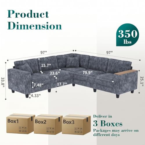 97” Modular Sectional Sofa Corduroy Couch Sectional with 2 Pillows Oversized Sectional Sofa L Shaped Couch Armrests with Two Hidden Storage Space Sectional Couches for Living Room Grey