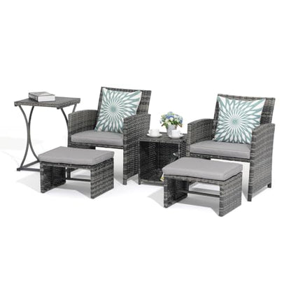 6 Piece Patio Furniture Conversation Set with Ottoman, Outdoor Grey Wicker Chair and Table Set, Balcony Furniture for Apartments, Light Grey