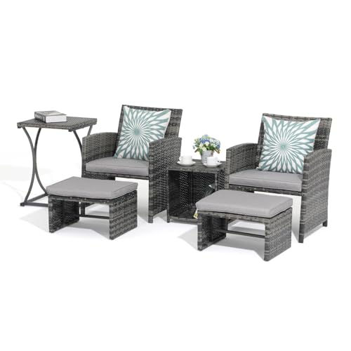 6 Piece Patio Furniture Conversation Set with Ottoman, Outdoor Grey Wicker Chair and Table Set, Balcony Furniture for Apartments, Light Grey