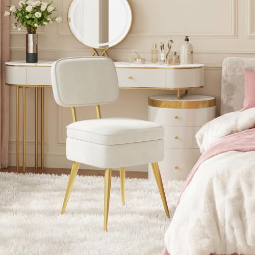 MALOL Velvet Vanity Makeup Chair with Storage and Back, Cute Vanity Stool Desk Chair No Wheels Ottoman for Dressing Bedroom Closet, Adjustable Golden Metal Legs, Beige