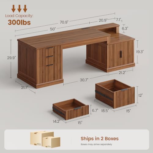 70.9" Executive Desk, Fluted Office Desk with Drawers, Brown, view 3