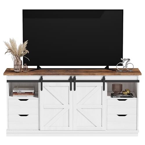 TV Stand with 4 Drawers for 65 Inch TV, Farmhouse Entertainment Center with Storage and Sliding Barn Doors, Rustic Media TV Console Cabinet with Shelves for Living Room Bedroom (Bright White)