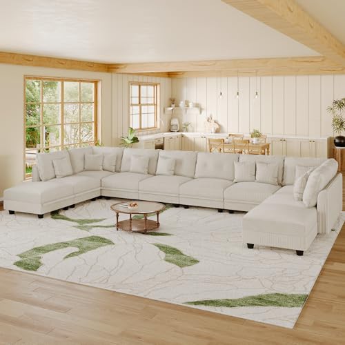 163" Modular Sectional Sofa with Storage, U Shaped 10-Seat Pet-Friendly Corduroy Couch with 10 Throw Pillows, Oversized Convertible Sofa Set for Living Room & Large Space, Beige