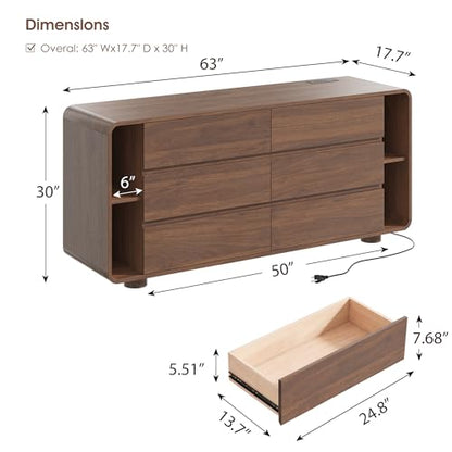 63 Inch 6 Drawer Dresser with Shelves, Rounded Corner, Walnut, view 3