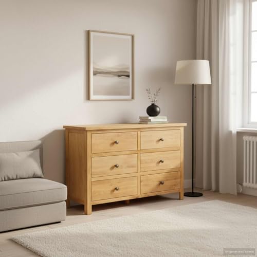 Solid Oak Wood Chest of Drawers 6 Drawer 41.3x13.2x28.7 Inches, view 3