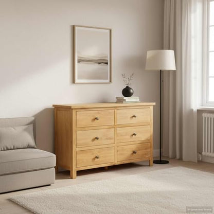 Solid Oak Wood Chest of Drawers 6 Drawer 41.3x13.2x28.7 Inches, view 3