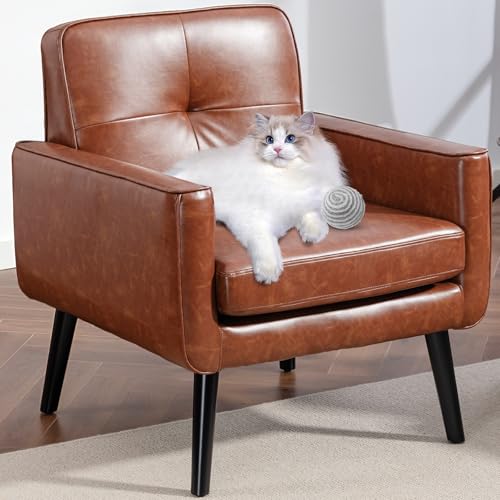 Mid Century Accent Chair, PU Leather Modern Chair with Wooden Frame, Cozy Armchair Reading Chair with Comfy Back for Apartment, Living Room, Bedroom, Small Space, Corner, Brown