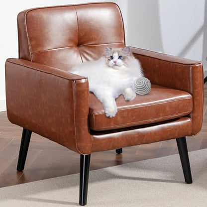 Mid Century Accent Chair, PU Leather Modern Chair with Wooden Frame, Cozy Armchair Reading Chair with Comfy Back for Apartment, Living Room, Bedroom, Small Space, Corner, Brown
