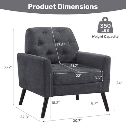 Accent Chair for Living Room, Mid Century Modern Reading Chair, Upholstered Armchair with Tufted Back & Wood Legs, Single Sofa Side Chair for Bedroom Small Room Office Apartment, Dark Grey