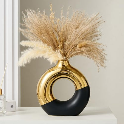 Ceramic Donut Vase, 8" L x 8" H Black and Gold Round Vase for Pampas Grass, Nordic Modern Vases for Decor, Ceramic Vase Centerpieces for Wedding, Bedroom, Living Room, Coffee Table, Office