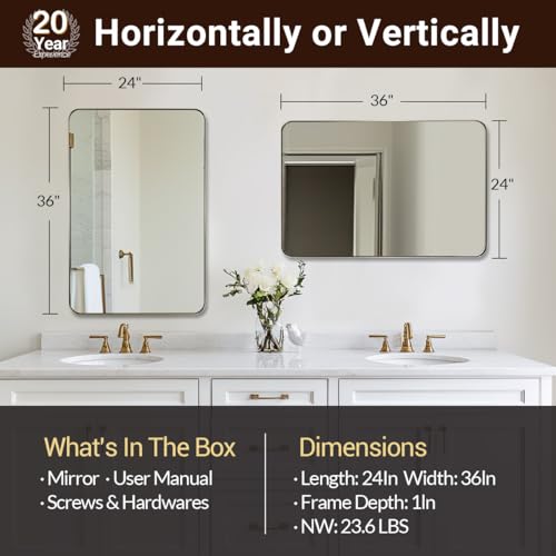 Brushed Champagne Bronze Mirrors for Bathroom Sink, 24x36 Inch Bathroom Vanity Mirror with Rectangular Metal Frame-Modern Clean Design with Superior Stainless Steel Frame