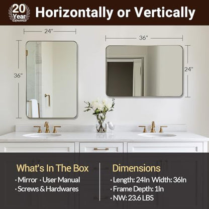 Brushed Champagne Bronze Mirrors for Bathroom Sink, 24x36 Inch Bathroom Vanity Mirror with Rectangular Metal Frame-Modern Clean Design with Superior Stainless Steel Frame