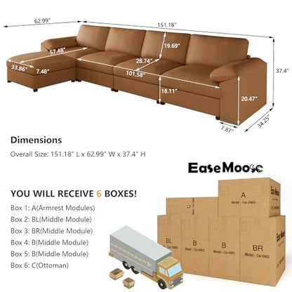 Leather Sectional Sofa,Modern Deep Seat Faux Leather Sectional,Extra Large L Shaped Couch,Oversized Modular Sofa,Comfy Scratch Resistant Material，Brown
