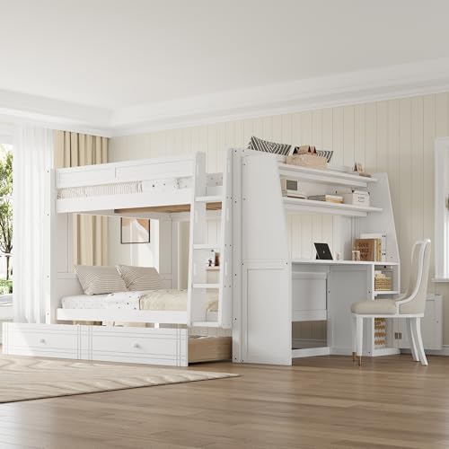 JIVOIT Full Size Bunk Bed, Multifunctional Wood Bunk Bed Frame with Desk and Bookshelves, Drawers, Space-Saving Design, Wooden Slats Support, No Box Spring Needed (White,Full-43)