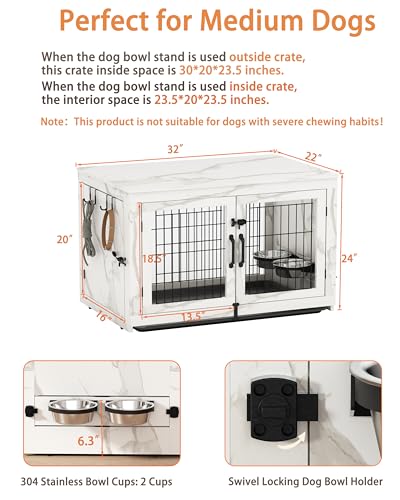 Wooden Dog Crate Furniture with 360°Rotatable Removable Dog Bowls, view 3