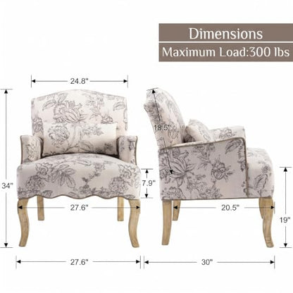 Floral Accent Chairs Farmhouse Upholstered Armchair Linen Reading Chair Mid Century Modern Single Sofa Chair with Pillow for Bedroom/Living Room/Fireplace, Beige, 1PC