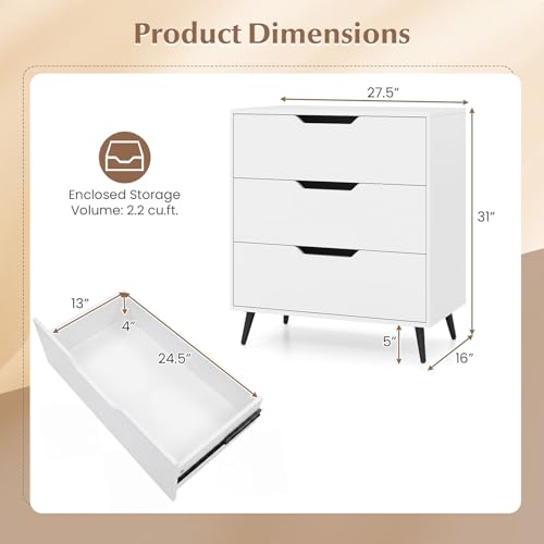 3-Drawer Dresser, Chest of Drawers, Rustic Farmhouse Wooden Storage Dresser, Sofa Beside Table, Utility Storage Organizer for Bedroom, Living Room, Study, Entryway and Closet (White)