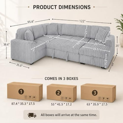 122-Inch Oversized U Shaped Plush Corduroy Fluffy Sectional Sleeper Sofa with Pull Out Bed, Storage Chaise Lounge and USB Charging Port - Gray
