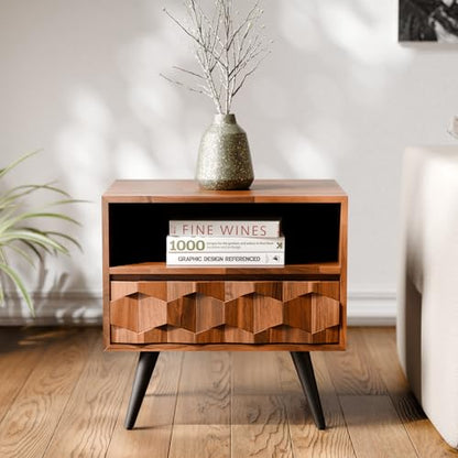 Georgina Solid Wood Nightstand with 1 Drawer & Open Shelf- Fully Assembled Mid Century Modern Side Table - Geometric Pattern Bedside Dresser for Bedroom and Living Room, Dark Chocolate