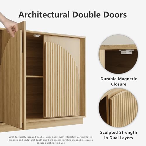 Fluted Sideboard Buffet Cabinet with Storage, 65" Modern Accent Cabinet with Double-Layered Arch Doors, Wood Boho Media TV Console Table Credenza for Living Dining Room Hallway Entryway, Oak