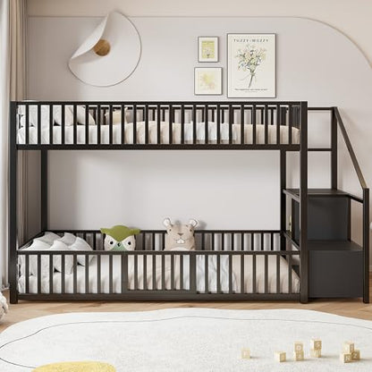 JIVOIT Twin Size Bunk Bed with Storage Ladder, Metal Low Bunk Bed, Metal Slats (Black/ 102)