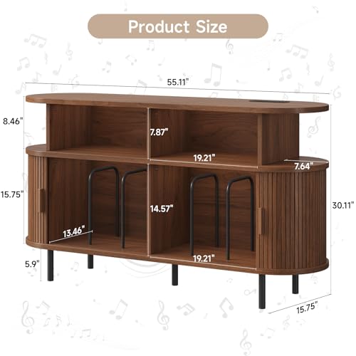 55" Large Round Record Player Stand with Charging Station,Walnut, view 2