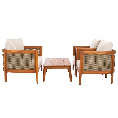 SAFAVIEH Outdoor Patio Furniture - Amanda 4-Piece Set - Sand & Taupe - Acacia Wood - Coastal, Conversation Set with Detachable Cushion Covers - Ideal for Patio, Deck, Porch, Backyard (PAT9512A-KIT2)