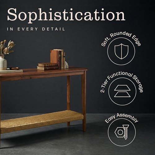Calais Solid Wood Console Table with Woven Storage Shelf, Chestnut, 48 Inch | 2-Tier Narrow Sofa Table, Mid Century Modern Entryway Table for Living Room, Behind the Couch, Hallway, or Foyer by Alaterre