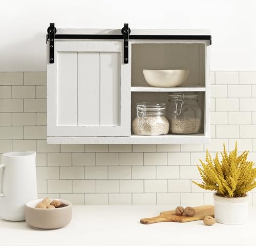 Cates Decorative Wood Floating Side Table with Sliding Barn Door; 20 x 12 x 15; Rustic White; Farmhouse Wooden Floating Wall Cabinet for Versatile Home Storage
