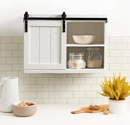 Cates Decorative Wood Floating Side Table with Sliding Barn Door; 20 x 12 x 15; Rustic White; Farmhouse Wooden Floating Wall Cabinet for Versatile Home Storage