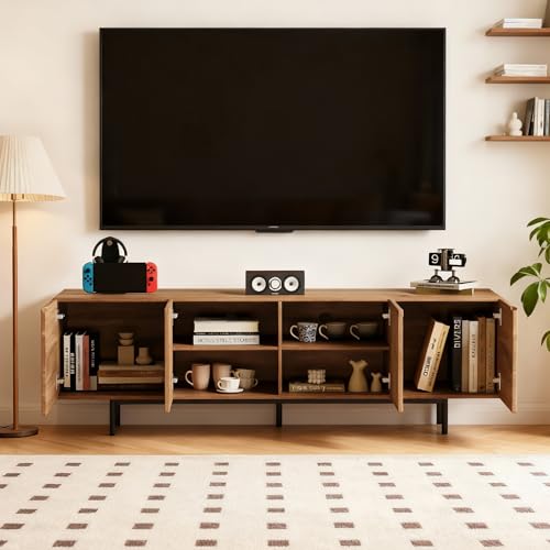 71" Mid-Century TV Stand 4 Cabinets Walnut Media Console, view 6