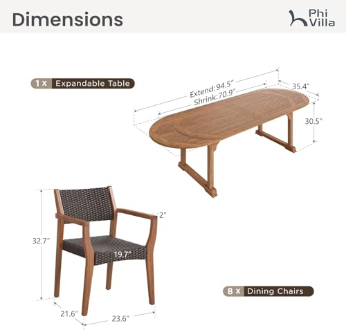 Outdoor Dining Set for 8, Expandable Acacia Wood Table & Chairs | 9pc teak patio furniture set. Large farmhouse set for deck, porch, backyard