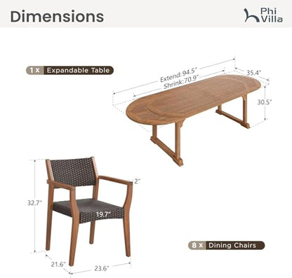 Outdoor Dining Set for 8, Expandable Acacia Wood Table & Chairs | 9pc teak patio furniture set. Large farmhouse set for deck, porch, backyard
