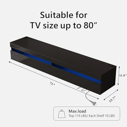 Solid Wood Floating TV Stand with LED Lighting & Power Outlet, view 4