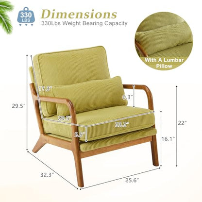 Upgraded Premium Corduroy Accent Chair,Upholstered Arm Chair,Solid Wood Comfy Reading Chair with Pillow, Mid Century Modern Chairs for Living Room,Bedroom,Guest Room,Green