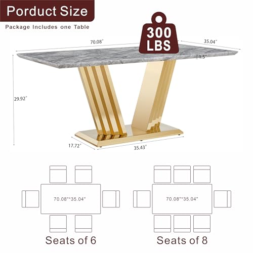 Marble Dining Table for 6 People, 70'' Rectangle Faux Marble Dining Table with Mirrored Stainless Steel Base, Large Size Marble Kitchen Table (Gold,Grey)(only Table)