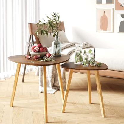 Bamboo Nesting Triangle End Table,Set of 2 Side Table Modern Minimalist Coffee Table for Living Room (Walunt)