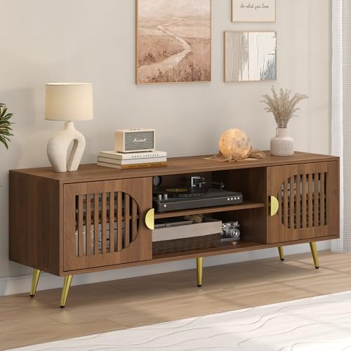 Walnut 55" TV Stand for TVs up to 65 Inch, Mid Century Modern Entertainment Center with Storage Shelves, Media TV Console Table with Storage Cabinet, Wooden Media Furniture for Living Room, Bedroom