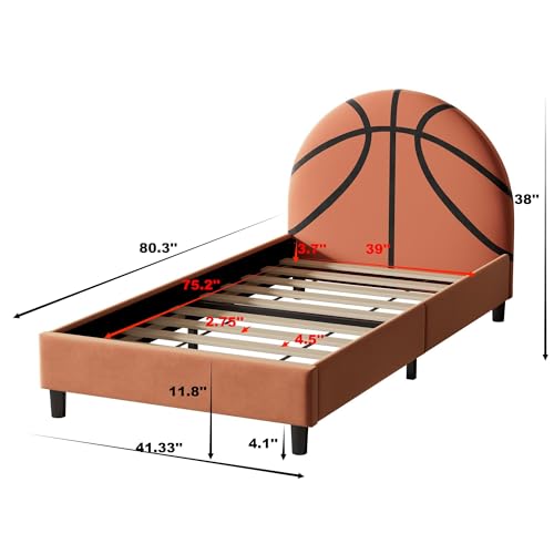 Basketball Design Twin Size Bed Frame for Kids,Twin Boys Bed Frame,Sports Theme Upholstered Platform Bed with Headboard for Boys,Girls,Orange
