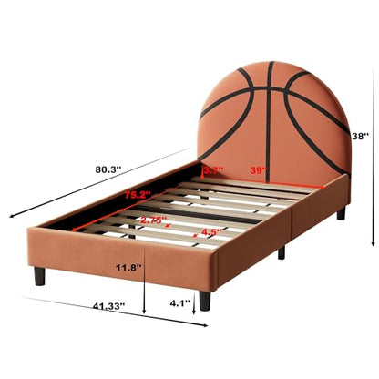 Basketball Design Twin Size Bed Frame for Kids,Twin Boys Bed Frame,Sports Theme Upholstered Platform Bed with Headboard for Boys,Girls,Orange